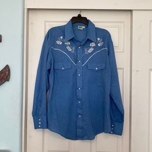 Vintage Western Pearl Snap Button Down with White Stitched Flowers